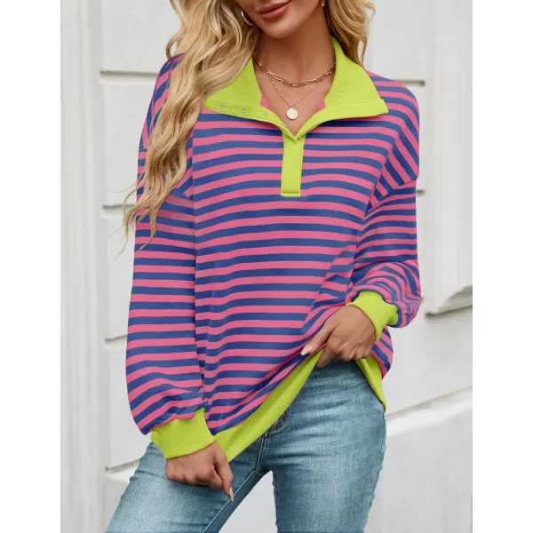 ZESICA Sweatshirts for Womens Long Sleeve Lapel V Neck Striped Oversized TopsRose