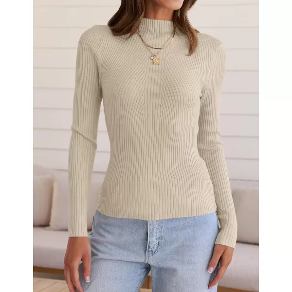 ZESICA Womens 2024 Fall Long Sleeve Turtleneck T Shirt Ribbed Knit Sweater Slim Fit Basic Casual Tee TopsAlmond
