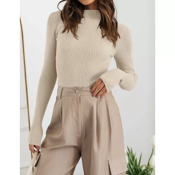ZESICA Womens 2024 Fall Long Sleeve Turtleneck T Shirt Ribbed Knit Sweater Slim Fit Basic Casual Tee TopsAlmond