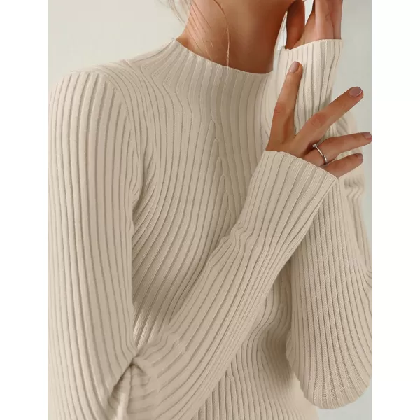 ZESICA Womens 2024 Fall Long Sleeve Turtleneck T Shirt Ribbed Knit Sweater Slim Fit Basic Casual Tee TopsAlmond