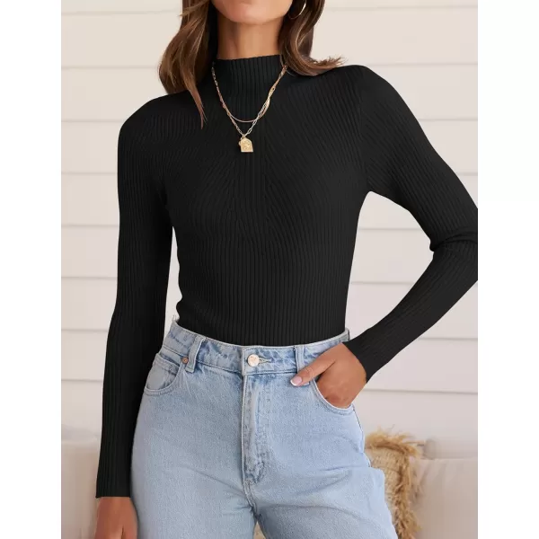 ZESICA Womens 2024 Fall Long Sleeve Turtleneck T Shirt Ribbed Knit Sweater Slim Fit Basic Casual Tee TopsBlack