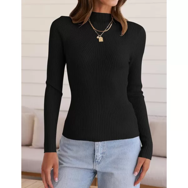 ZESICA Womens 2024 Fall Long Sleeve Turtleneck T Shirt Ribbed Knit Sweater Slim Fit Basic Casual Tee TopsBlack