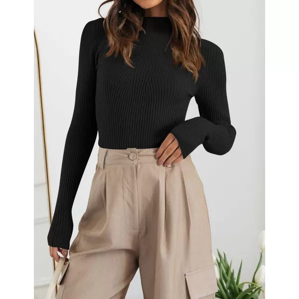 ZESICA Womens 2024 Fall Long Sleeve Turtleneck T Shirt Ribbed Knit Sweater Slim Fit Basic Casual Tee TopsBlack