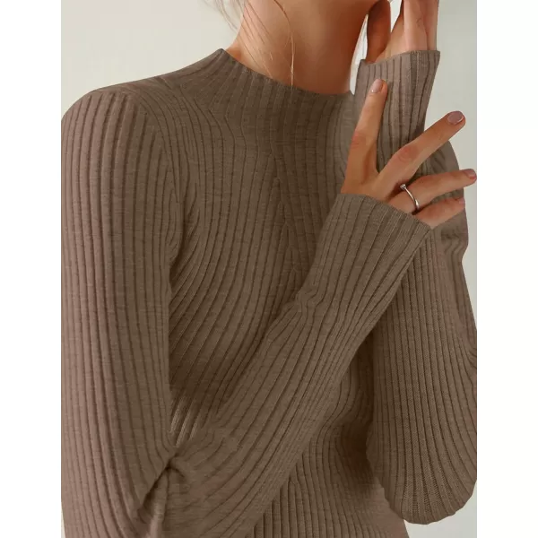 ZESICA Womens 2024 Fall Long Sleeve Turtleneck T Shirt Ribbed Knit Sweater Slim Fit Basic Casual Tee TopsCamel