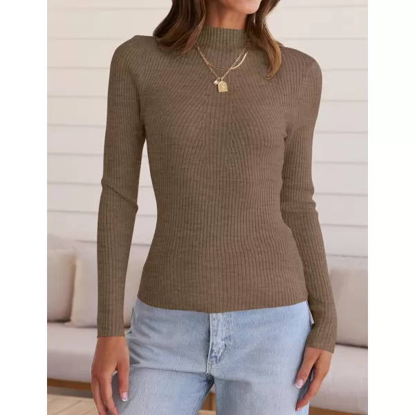 ZESICA Womens 2024 Fall Long Sleeve Turtleneck T Shirt Ribbed Knit Sweater Slim Fit Basic Casual Tee TopsCamel