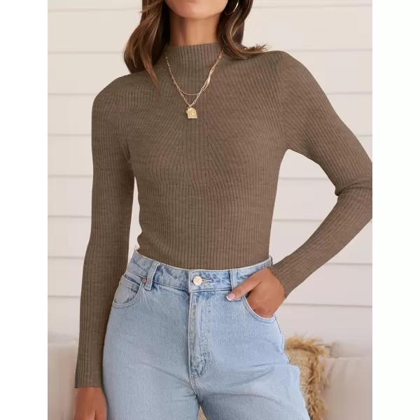 ZESICA Womens 2024 Fall Long Sleeve Turtleneck T Shirt Ribbed Knit Sweater Slim Fit Basic Casual Tee TopsCamel