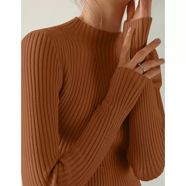 ZESICA Womens 2024 Fall Long Sleeve Turtleneck T Shirt Ribbed Knit Sweater Slim Fit Basic Casual Tee TopsCaramel