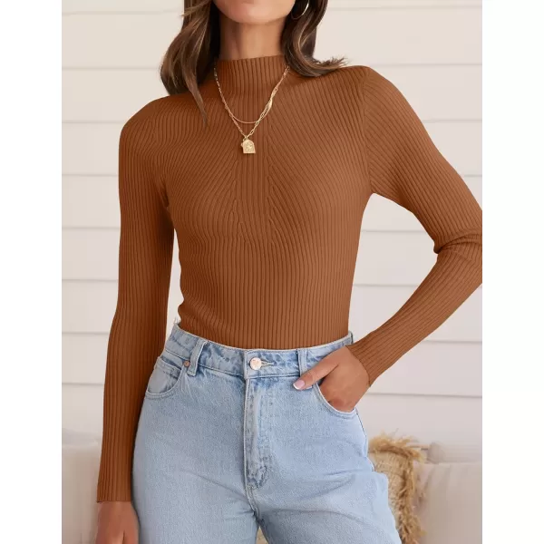 ZESICA Womens 2024 Fall Long Sleeve Turtleneck T Shirt Ribbed Knit Sweater Slim Fit Basic Casual Tee TopsCaramel