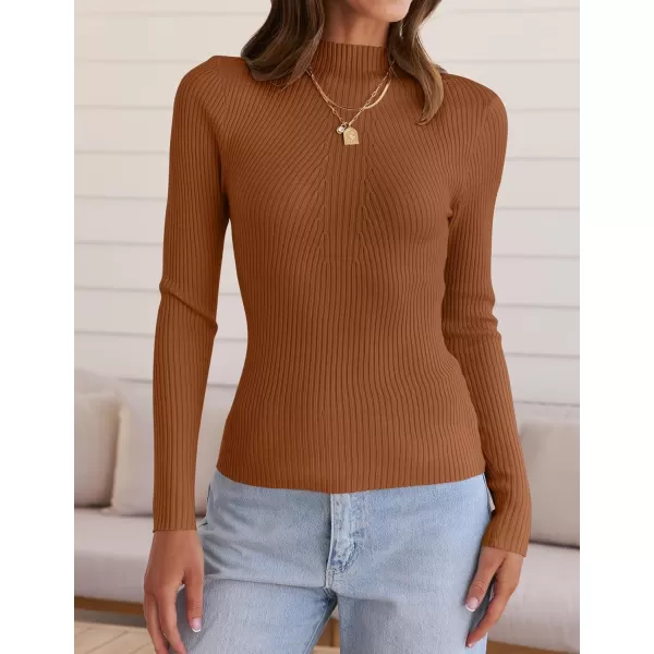 ZESICA Womens 2024 Fall Long Sleeve Turtleneck T Shirt Ribbed Knit Sweater Slim Fit Basic Casual Tee TopsCaramel