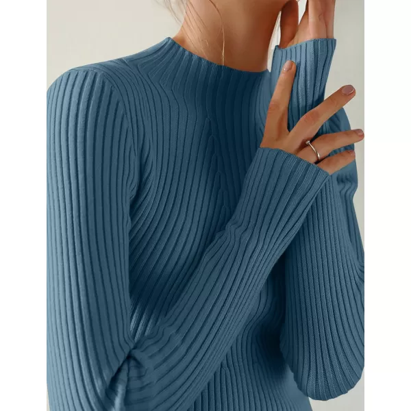 ZESICA Womens 2024 Fall Long Sleeve Turtleneck T Shirt Ribbed Knit Sweater Slim Fit Basic Casual Tee TopsDarkblue