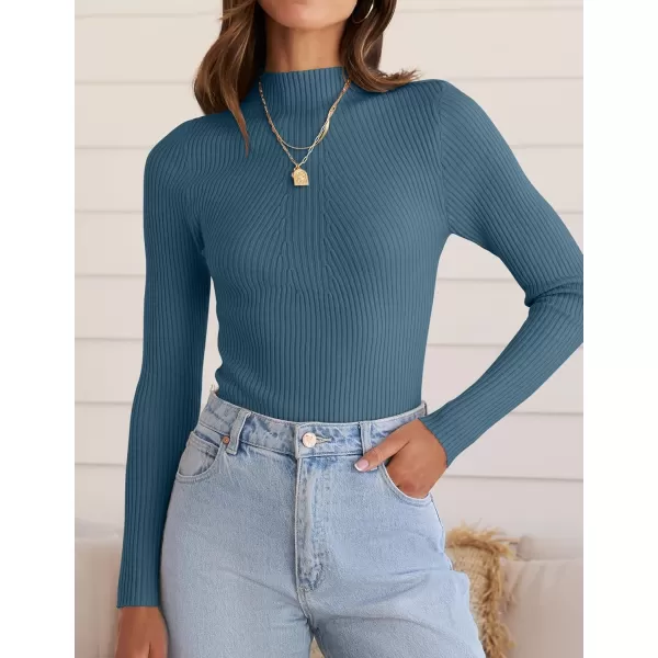 ZESICA Womens 2024 Fall Long Sleeve Turtleneck T Shirt Ribbed Knit Sweater Slim Fit Basic Casual Tee TopsDarkblue