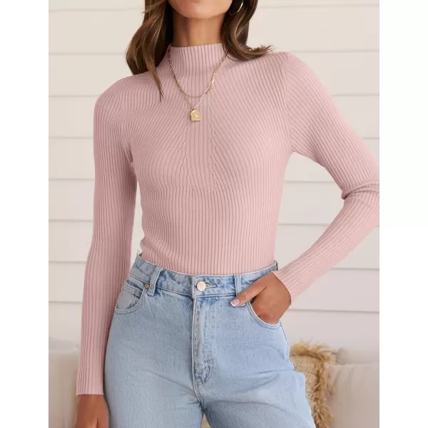 ZESICA Womens 2024 Fall Long Sleeve Turtleneck T Shirt Ribbed Knit Sweater Slim Fit Basic Casual Tee TopsDustypink