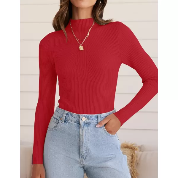 ZESICA Womens 2024 Fall Long Sleeve Turtleneck T Shirt Ribbed Knit Sweater Slim Fit Basic Casual Tee TopsRed