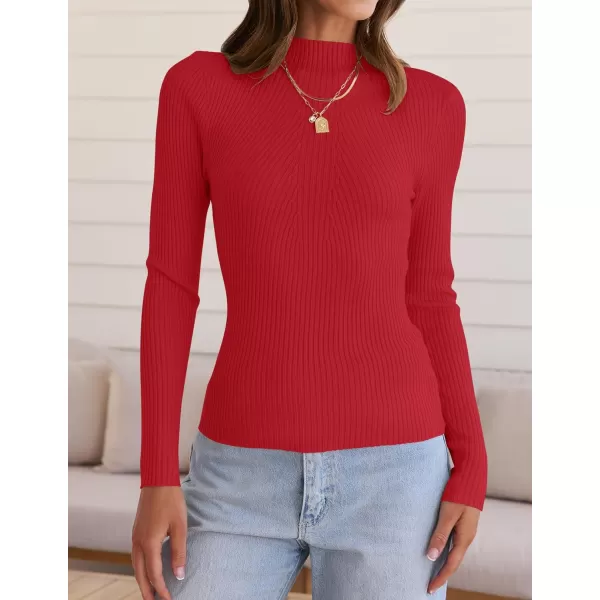 ZESICA Womens 2024 Fall Long Sleeve Turtleneck T Shirt Ribbed Knit Sweater Slim Fit Basic Casual Tee TopsRed
