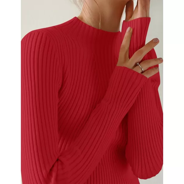 ZESICA Womens 2024 Fall Long Sleeve Turtleneck T Shirt Ribbed Knit Sweater Slim Fit Basic Casual Tee TopsRed