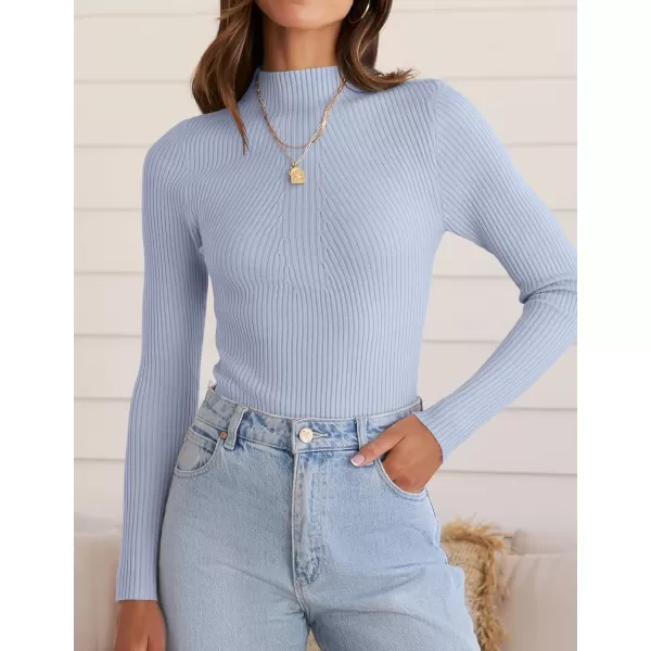 ZESICA Womens 2024 Fall Long Sleeve Turtleneck T Shirt Ribbed Knit Sweater Slim Fit Basic Casual Tee TopsSky