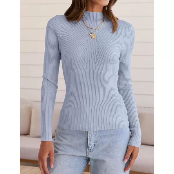 ZESICA Womens 2024 Fall Long Sleeve Turtleneck T Shirt Ribbed Knit Sweater Slim Fit Basic Casual Tee TopsSky