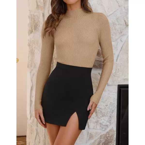 ZESICA Womens 2024 Fall Long Sleeve Turtleneck T Shirt Ribbed Knit Sweater Slim Fit Basic Casual Tee TopsToffee