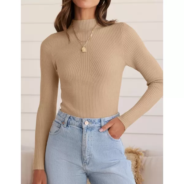 ZESICA Womens 2024 Fall Long Sleeve Turtleneck T Shirt Ribbed Knit Sweater Slim Fit Basic Casual Tee TopsToffee