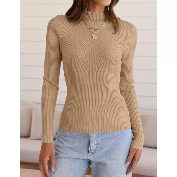 ZESICA Womens 2024 Fall Long Sleeve Turtleneck T Shirt Ribbed Knit Sweater Slim Fit Basic Casual Tee TopsToffee