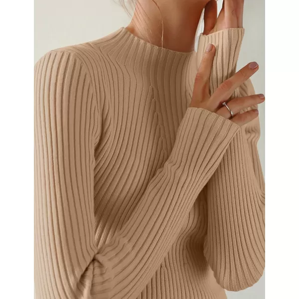 ZESICA Womens 2024 Fall Long Sleeve Turtleneck T Shirt Ribbed Knit Sweater Slim Fit Basic Casual Tee TopsToffee