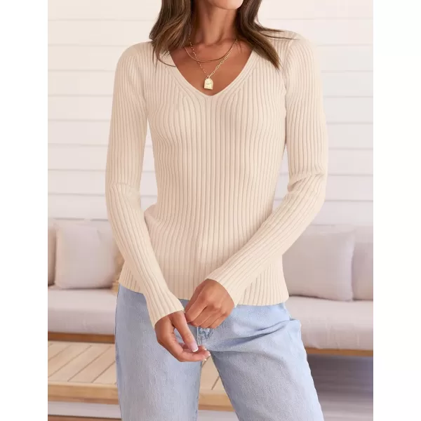 ZESICA Womens 2024 Fall Long Sleeve V Neck T Shirts Ribbed Knit Sweater Slim Fit Solid Basic Casual Tee TopsApricot