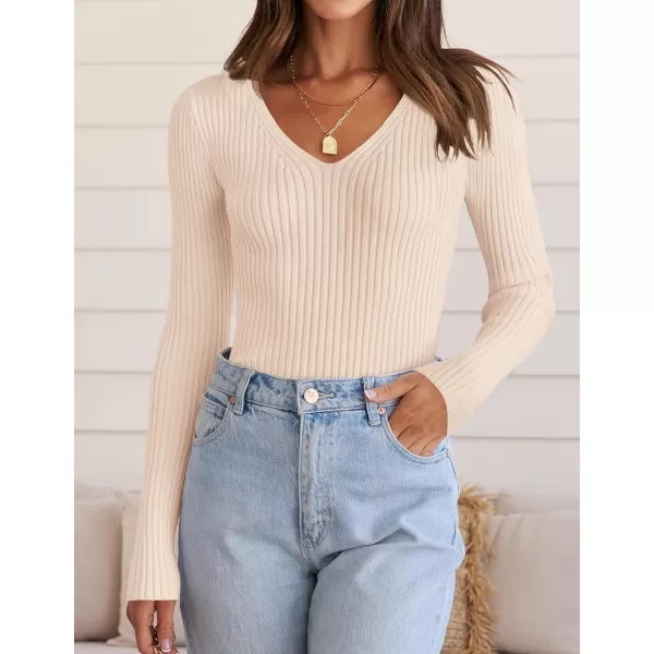 ZESICA Womens 2024 Fall Long Sleeve V Neck T Shirts Ribbed Knit Sweater Slim Fit Solid Basic Casual Tee TopsApricot