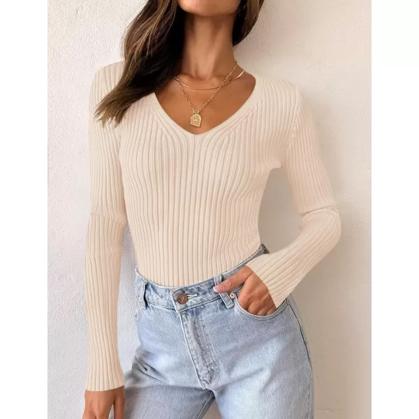 ZESICA Womens 2024 Fall Long Sleeve V Neck T Shirts Ribbed Knit Sweater Slim Fit Solid Basic Casual Tee TopsApricot