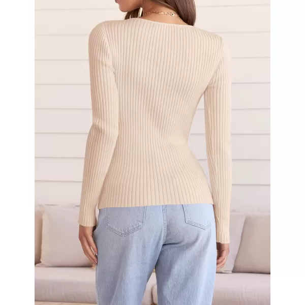 ZESICA Womens 2024 Fall Long Sleeve V Neck T Shirts Ribbed Knit Sweater Slim Fit Solid Basic Casual Tee TopsApricot