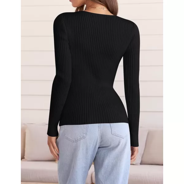 ZESICA Womens 2024 Fall Long Sleeve V Neck T Shirts Ribbed Knit Sweater Slim Fit Solid Basic Casual Tee TopsBlack