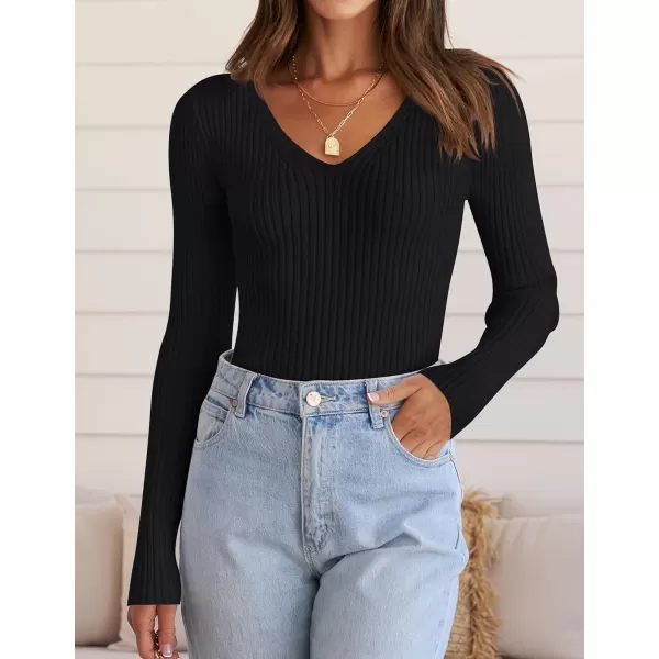 ZESICA Womens 2024 Fall Long Sleeve V Neck T Shirts Ribbed Knit Sweater Slim Fit Solid Basic Casual Tee TopsBlack