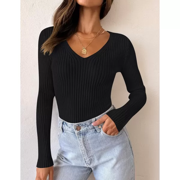 ZESICA Womens 2024 Fall Long Sleeve V Neck T Shirts Ribbed Knit Sweater Slim Fit Solid Basic Casual Tee TopsBlack