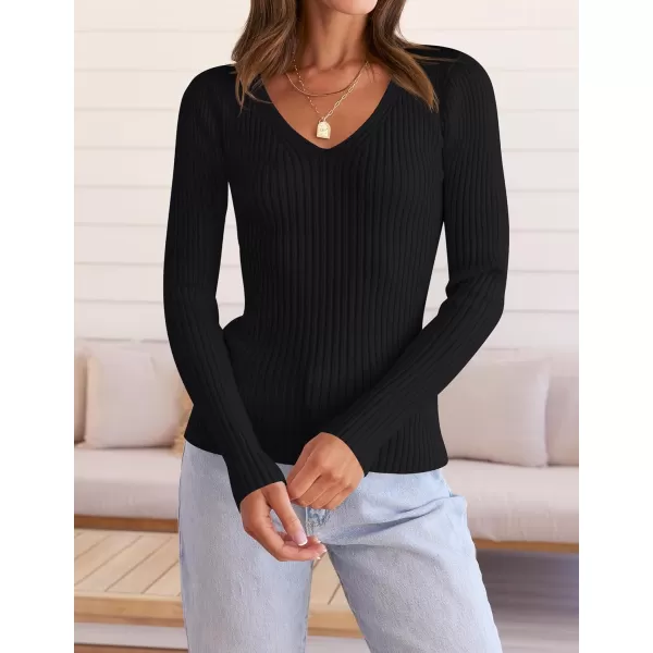 ZESICA Womens 2024 Fall Long Sleeve V Neck T Shirts Ribbed Knit Sweater Slim Fit Solid Basic Casual Tee TopsBlack