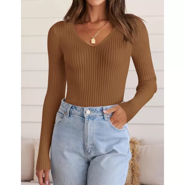 ZESICA Womens 2024 Fall Long Sleeve V Neck T Shirts Ribbed Knit Sweater Slim Fit Solid Basic Casual Tee TopsBrown