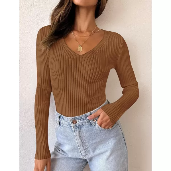 ZESICA Womens 2024 Fall Long Sleeve V Neck T Shirts Ribbed Knit Sweater Slim Fit Solid Basic Casual Tee TopsBrown