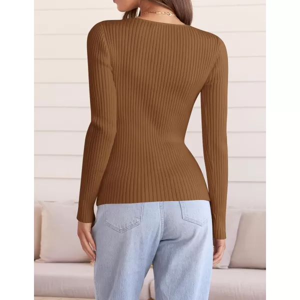 ZESICA Womens 2024 Fall Long Sleeve V Neck T Shirts Ribbed Knit Sweater Slim Fit Solid Basic Casual Tee TopsBrown