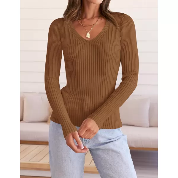 ZESICA Womens 2024 Fall Long Sleeve V Neck T Shirts Ribbed Knit Sweater Slim Fit Solid Basic Casual Tee TopsBrown
