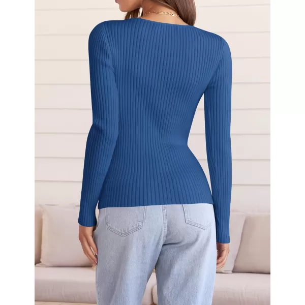 ZESICA Womens 2024 Fall Long Sleeve V Neck T Shirts Ribbed Knit Sweater Slim Fit Solid Basic Casual Tee TopsCobalt