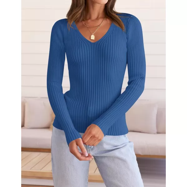 ZESICA Womens 2024 Fall Long Sleeve V Neck T Shirts Ribbed Knit Sweater Slim Fit Solid Basic Casual Tee TopsCobalt