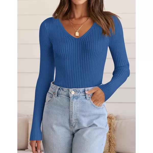 ZESICA Womens 2024 Fall Long Sleeve V Neck T Shirts Ribbed Knit Sweater Slim Fit Solid Basic Casual Tee TopsCobalt