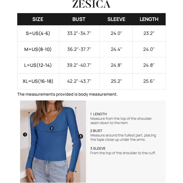 ZESICA Womens 2024 Fall Long Sleeve V Neck T Shirts Ribbed Knit Sweater Slim Fit Solid Basic Casual Tee TopsCobalt