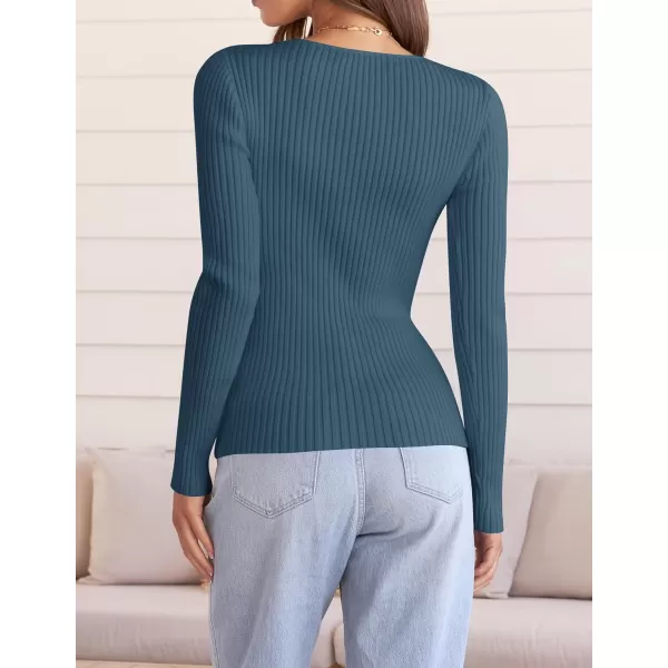 ZESICA Womens 2024 Fall Long Sleeve V Neck T Shirts Ribbed Knit Sweater Slim Fit Solid Basic Casual Tee TopsDarkblue