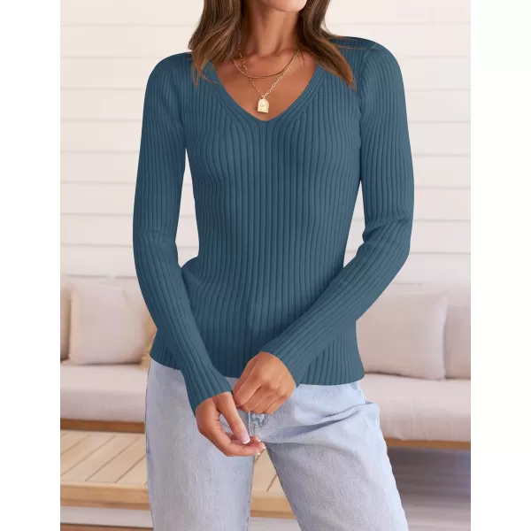 ZESICA Womens 2024 Fall Long Sleeve V Neck T Shirts Ribbed Knit Sweater Slim Fit Solid Basic Casual Tee TopsDarkblue