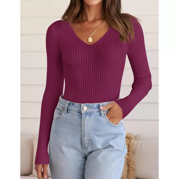 ZESICA Womens 2024 Fall Long Sleeve V Neck T Shirts Ribbed Knit Sweater Slim Fit Solid Basic Casual Tee TopsEggplant
