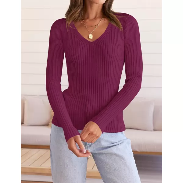 ZESICA Womens 2024 Fall Long Sleeve V Neck T Shirts Ribbed Knit Sweater Slim Fit Solid Basic Casual Tee TopsEggplant