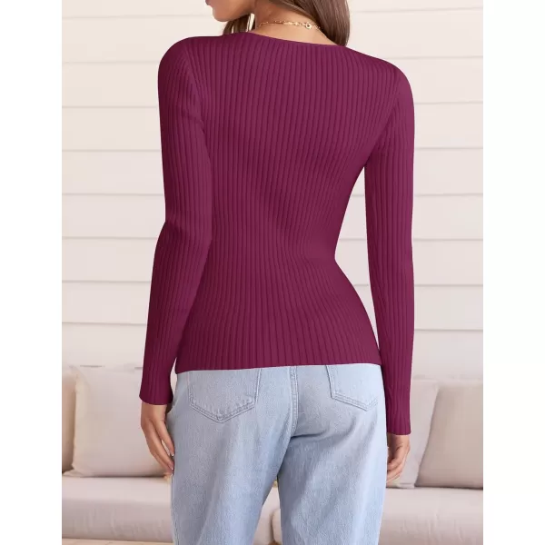 ZESICA Womens 2024 Fall Long Sleeve V Neck T Shirts Ribbed Knit Sweater Slim Fit Solid Basic Casual Tee TopsEggplant