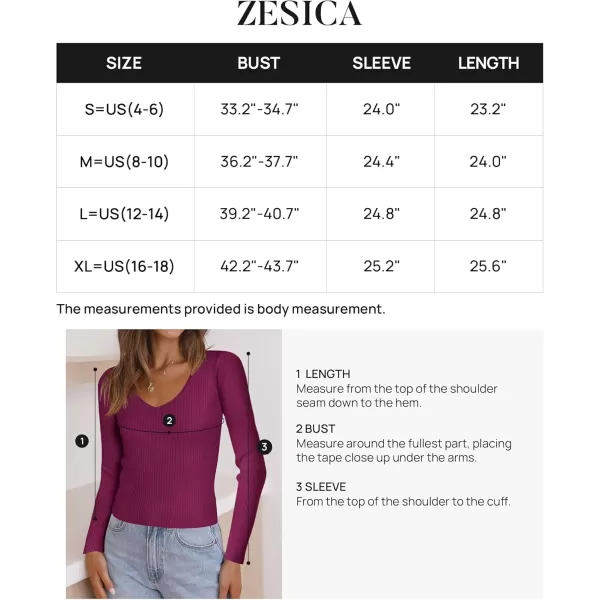ZESICA Womens 2024 Fall Long Sleeve V Neck T Shirts Ribbed Knit Sweater Slim Fit Solid Basic Casual Tee TopsEggplant