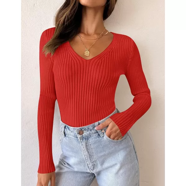 ZESICA Womens 2024 Fall Long Sleeve V Neck T Shirts Ribbed Knit Sweater Slim Fit Solid Basic Casual Tee TopsFirered