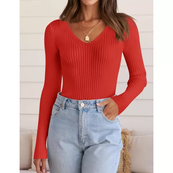 ZESICA Womens 2024 Fall Long Sleeve V Neck T Shirts Ribbed Knit Sweater Slim Fit Solid Basic Casual Tee TopsFirered