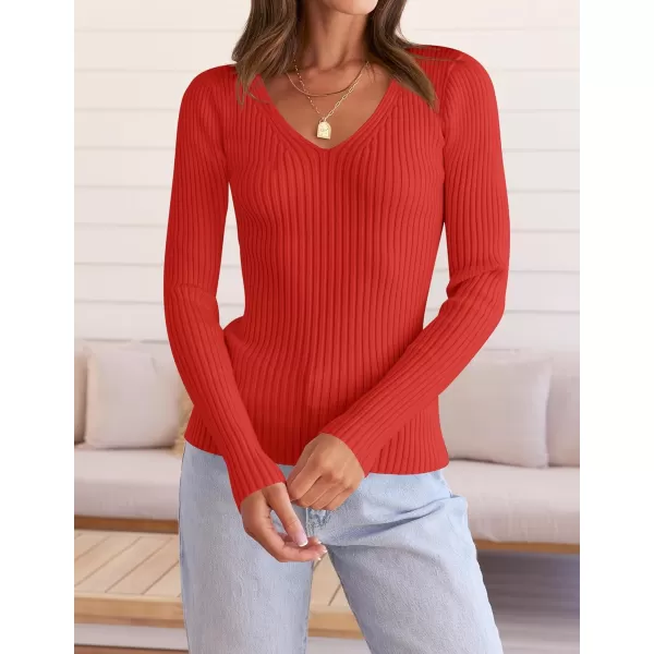 ZESICA Womens 2024 Fall Long Sleeve V Neck T Shirts Ribbed Knit Sweater Slim Fit Solid Basic Casual Tee TopsFirered